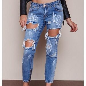 One Teaspoon Womens Freebird Skinny Straight Jeans Distressed Ankle Zip Low Rise